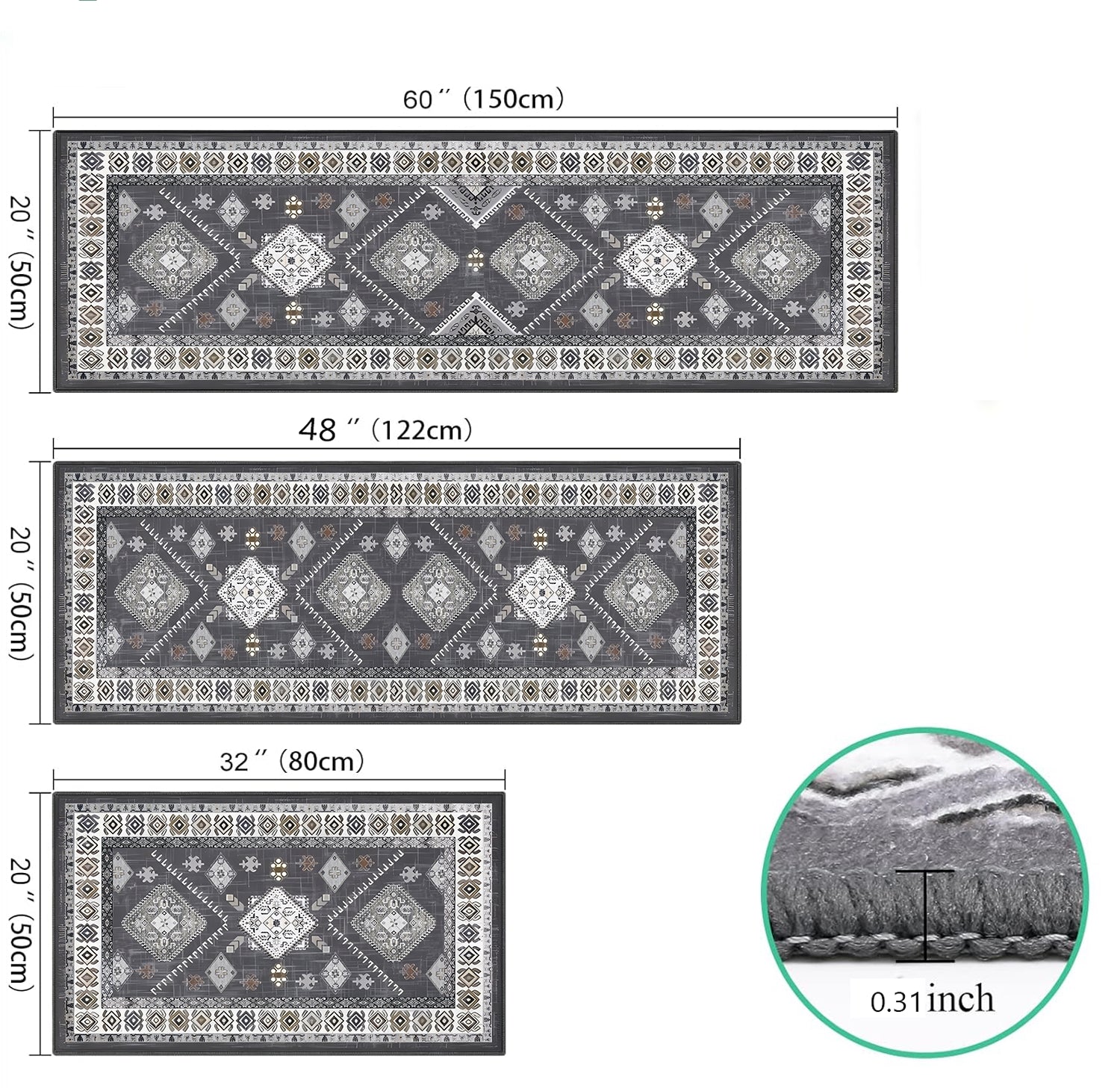 Boho 3 Piece Kitchen Rug Sets